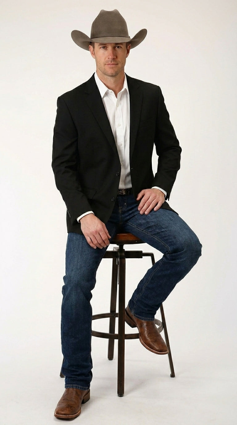 Men’s Black Linen Western Cowboy Blazer – Lightweight Formal Blazer Jacket for Wedding - Country Summer Jacket - 36 Short