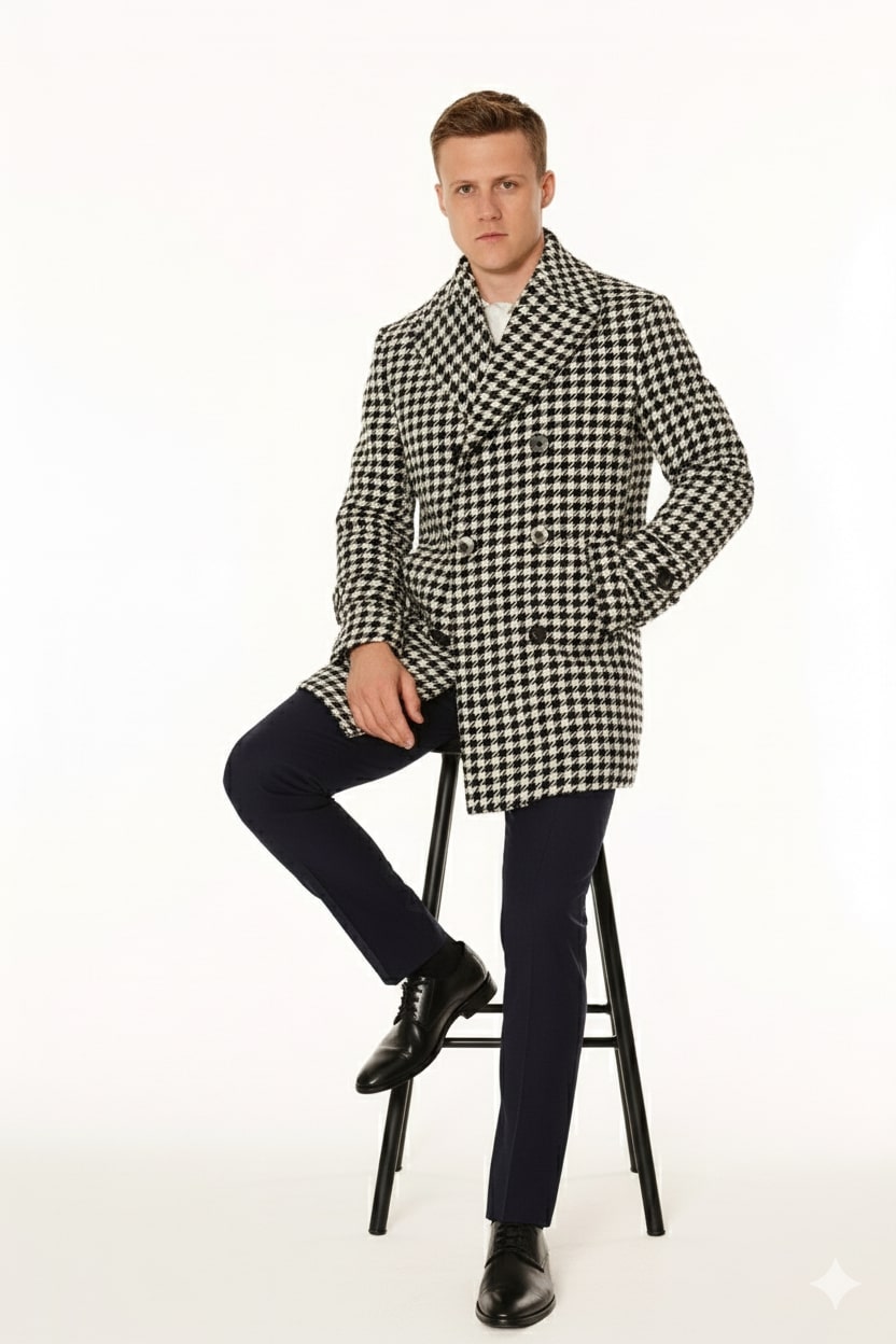 Mens Houndstooth Double-Breasted Overcoats Classic Black and White Wool Blend Peacoat Wool Fabric - Coat Size 38
