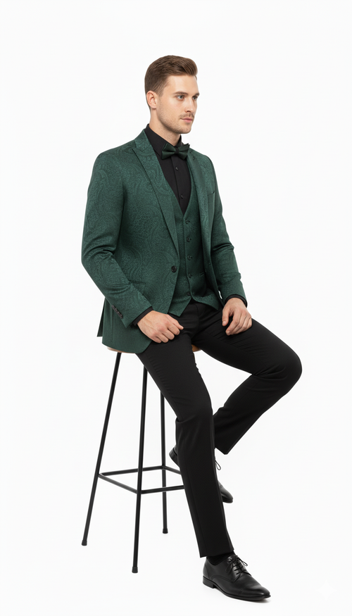 Mens Emerald Green Paisley Tuxedo 3-Piece Suit Slim Fit Formal Blazer, Vest, and Pants for Weddings, Proms