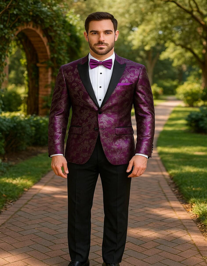 Men's Pinkish ~ Purple Paisley Tuxedo Jacket with Black Satin Lapel Formal Prom and Wedding Blazer in Meganta Color