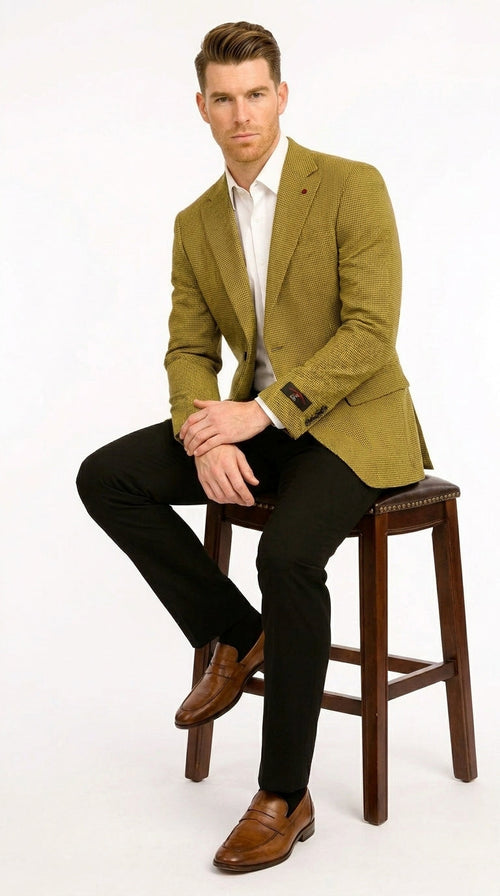Men’s Mustard Gold Yellow Houndstooth Blazer Jacket, Check Pattern Formal Sport Coat for Weddings, Prom, Business 2 Buttons Modern Fit