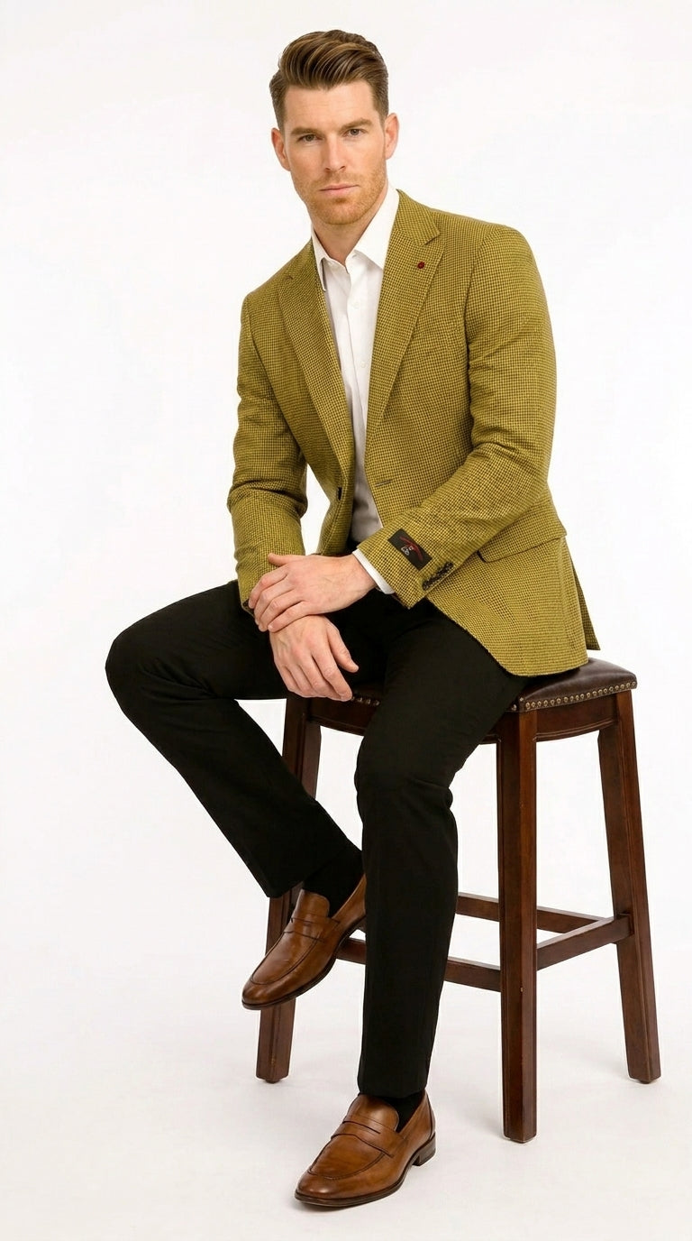 Men’s Mustard Gold Yellow Houndstooth Blazer Jacket, Check Pattern Formal Sport Coat for Weddings, Prom, Business 2 Buttons Modern Fit - 36 Short