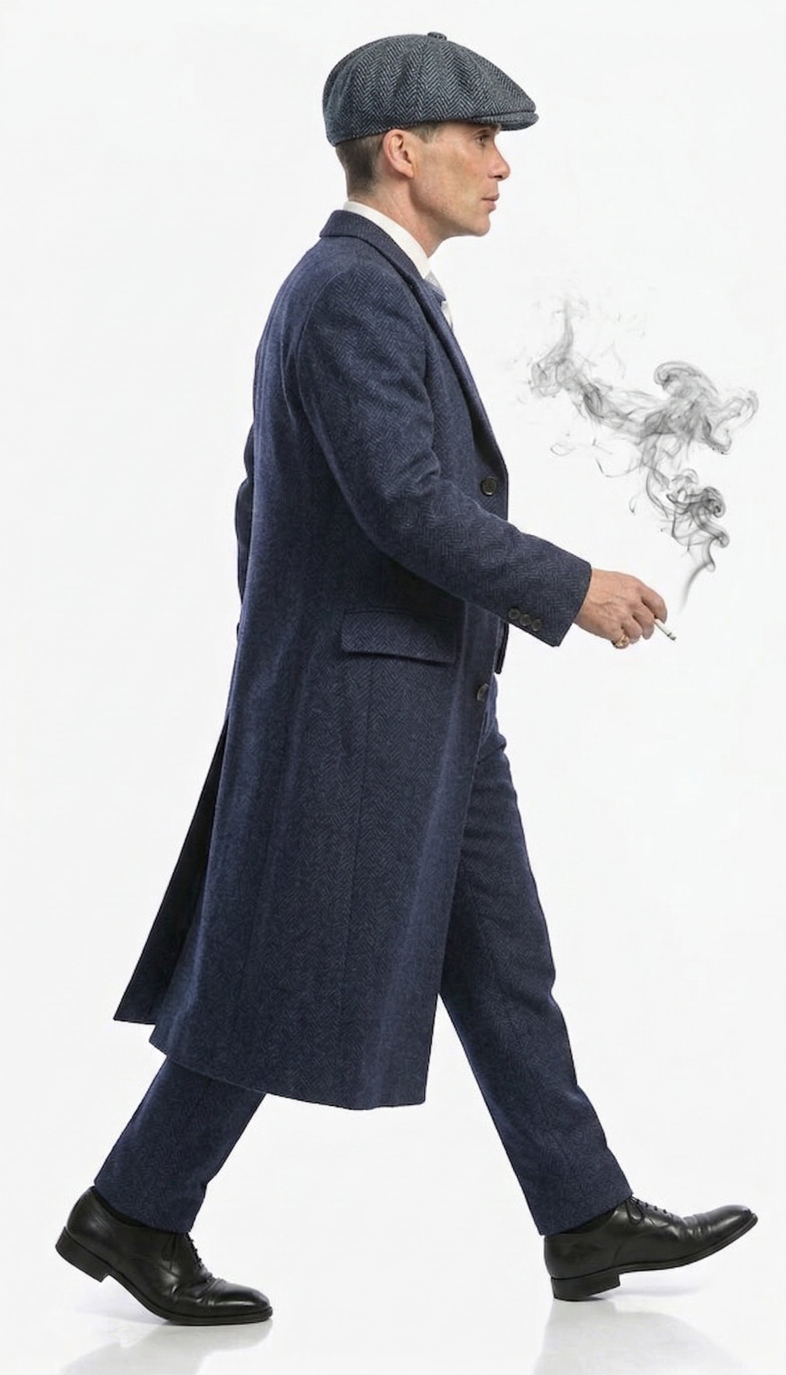 Men’s Navy Blue Herringbone Tweed  1920s 3 Piece Suit with Overcoat – Vintage Peaky Blinder Style Formal Suit Set with Blazer, Waistcoat + Overcoat + Hat - Navy Blue
