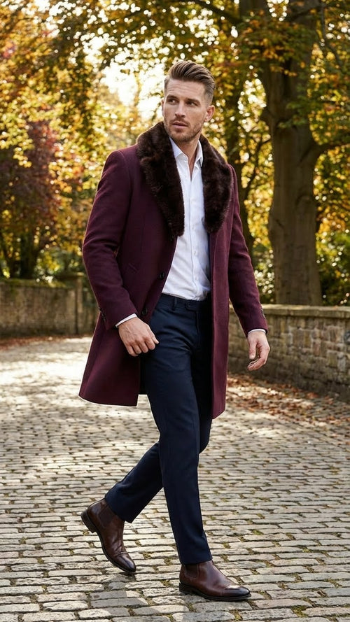 Mens Burgundy Three Quarter Coat with Faux Fur Collar Overcoat Luxury Winter Outerwear Three Quarter Carcoat Topcoat
