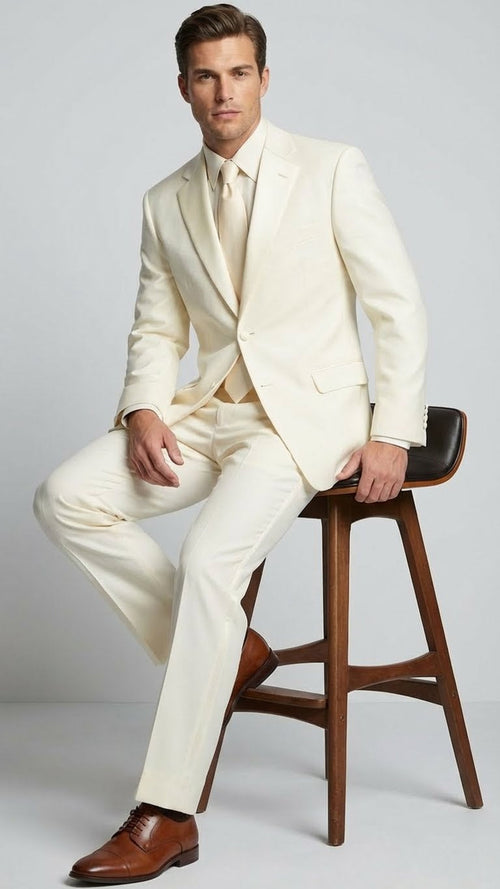 Mens Ivory Tuxedo Suit with Satin Notch Lapel Formal Wedding and Evening Wear Suit in Cream Off White Color