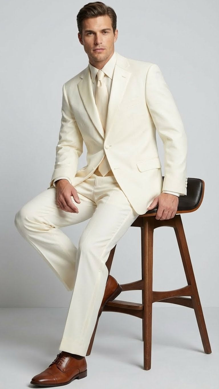 Men’s Ivory Tuxedo Suit with Satin Notch Lapel – Formal Wedding and Evening Wear Suit in Cream Off White Color - 34 Short or Extra Small