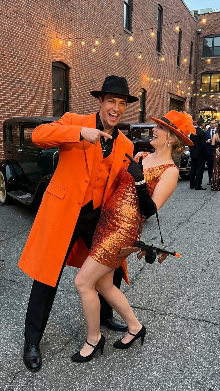 Men’s halloween Costume Orange Long Zoot Suit Set With Black Shirt and Black Pants included - 34 Short or Extra Small