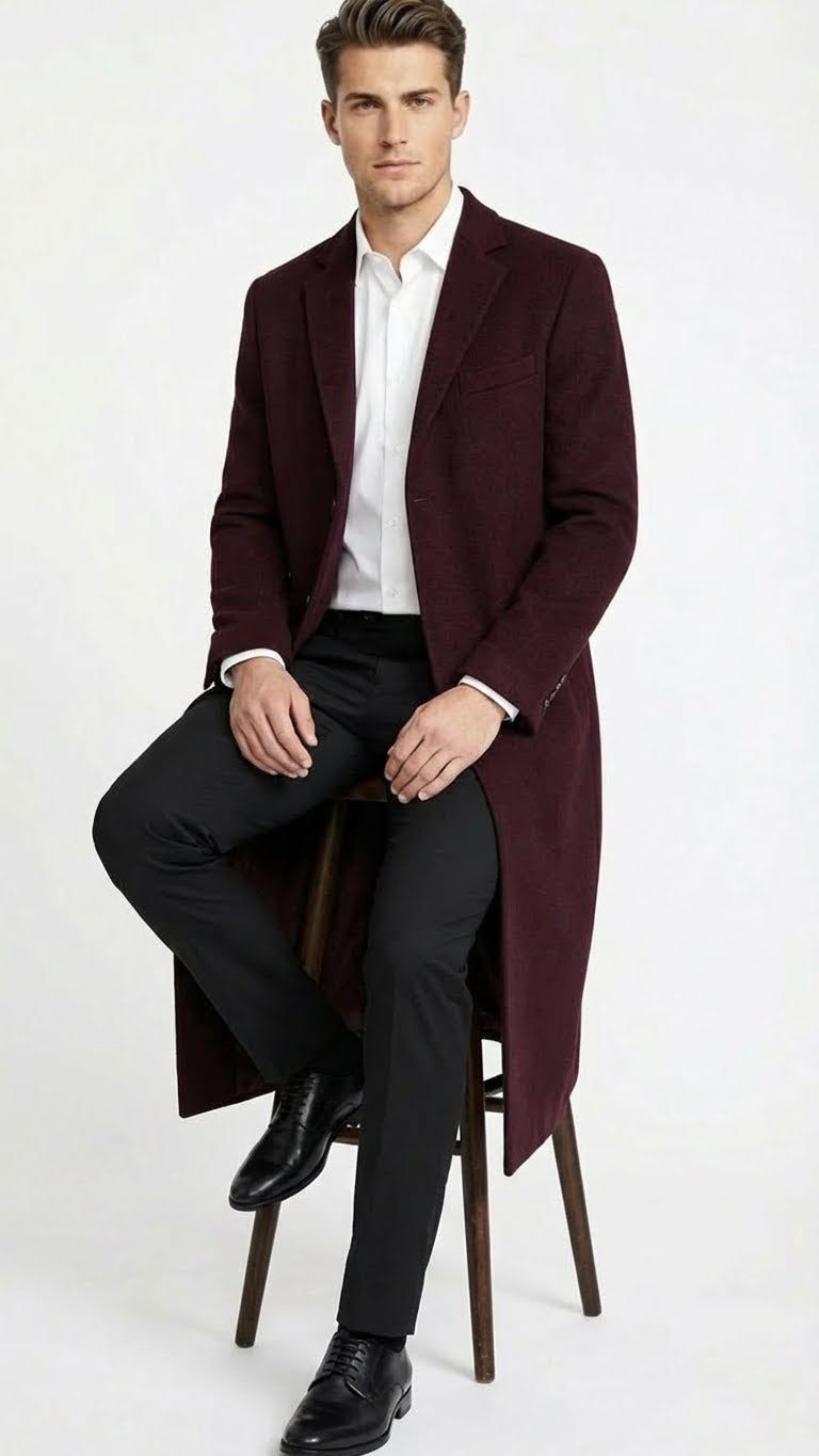 Men’s Burgundy Long Coat – Classic Fit Wool Blend Overcoat - Topcoat Full length - Coat Size 38