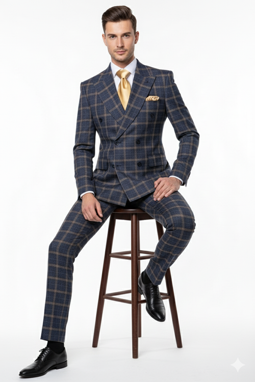 Mens Navy and Tan Windowpane Double-Breasted Suit | Classic 2-Piece Plaid Dress Suit, Business, and Formal Events By Rossiman