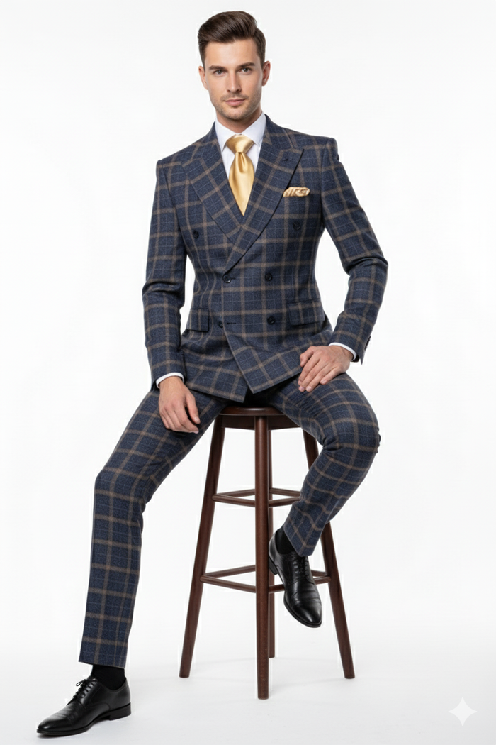 Mens Navy and Tan Windowpane Double-Breasted Suit | Classic 2-Piece Plaid Dress Suit, Business, and Formal Events By Rossiman