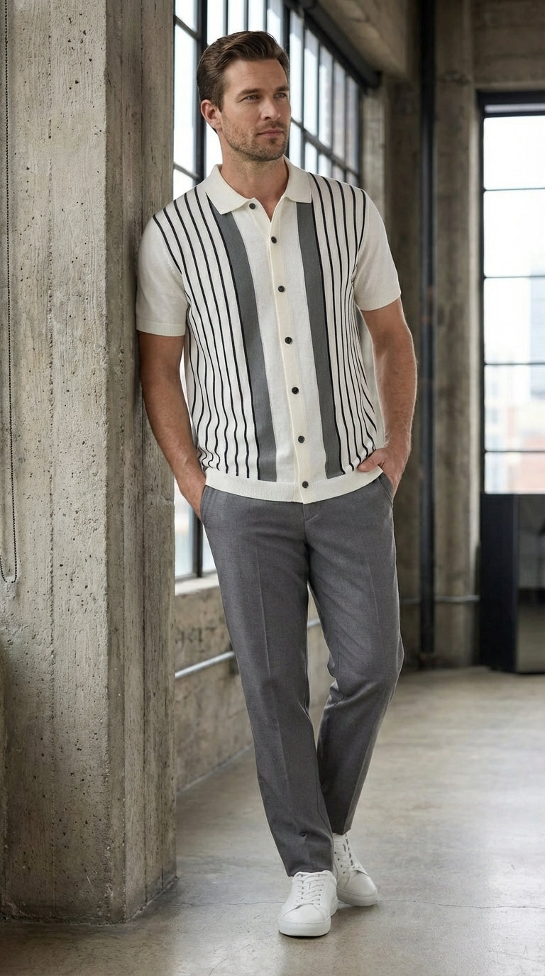 Mens White and Charcoal Gray Stripe Walking Suit Set – Short Sleeve Button Shirt and Pants Casual Summer Outfit for Travel, Vacation and Everyday Wear - S