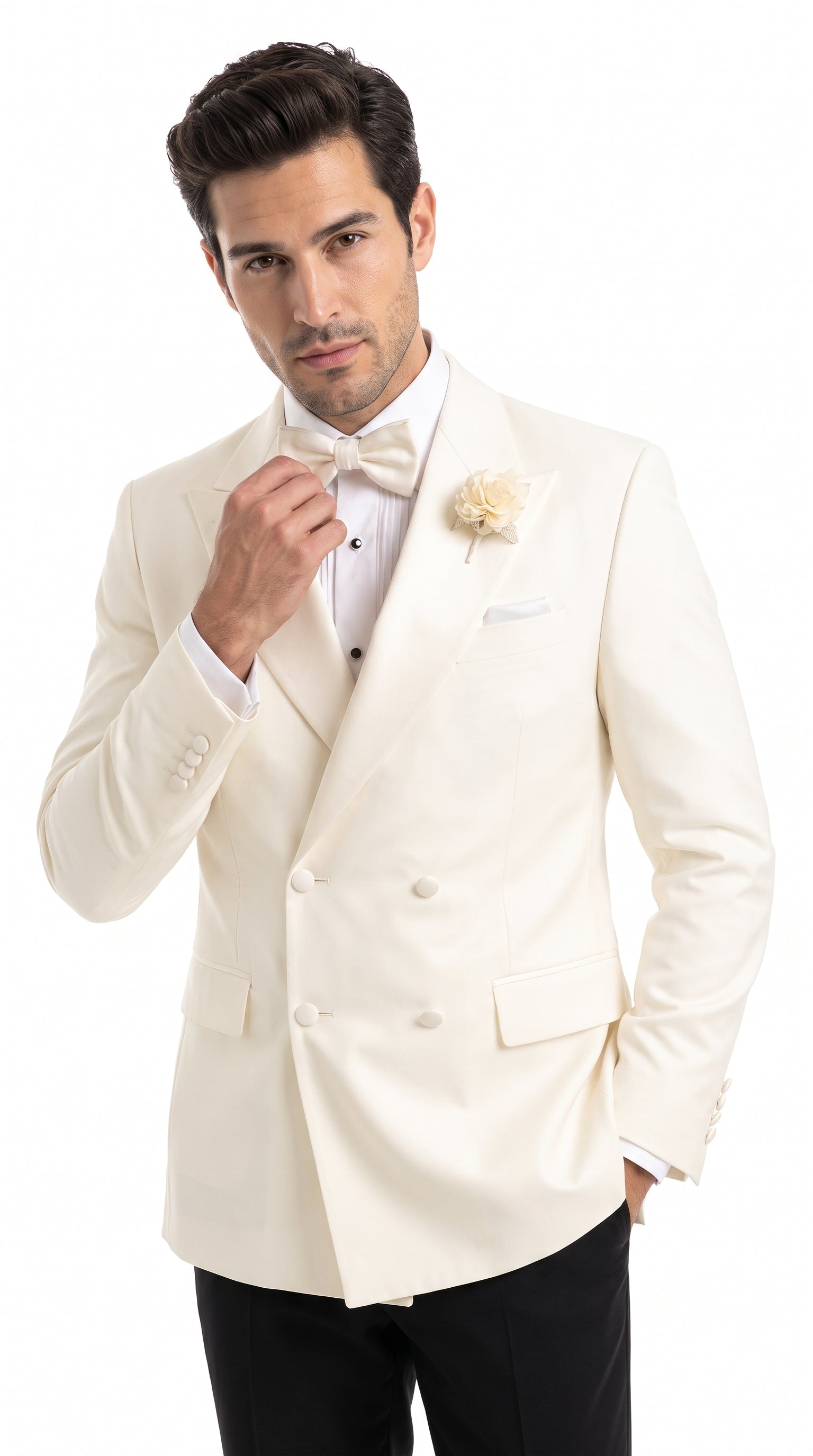 Men’s Ivory Double Breasted Dinner Jacket, Peak Lapel Formal Wedding Prom Tuxedo Blazer in cream off white color - 36 Short