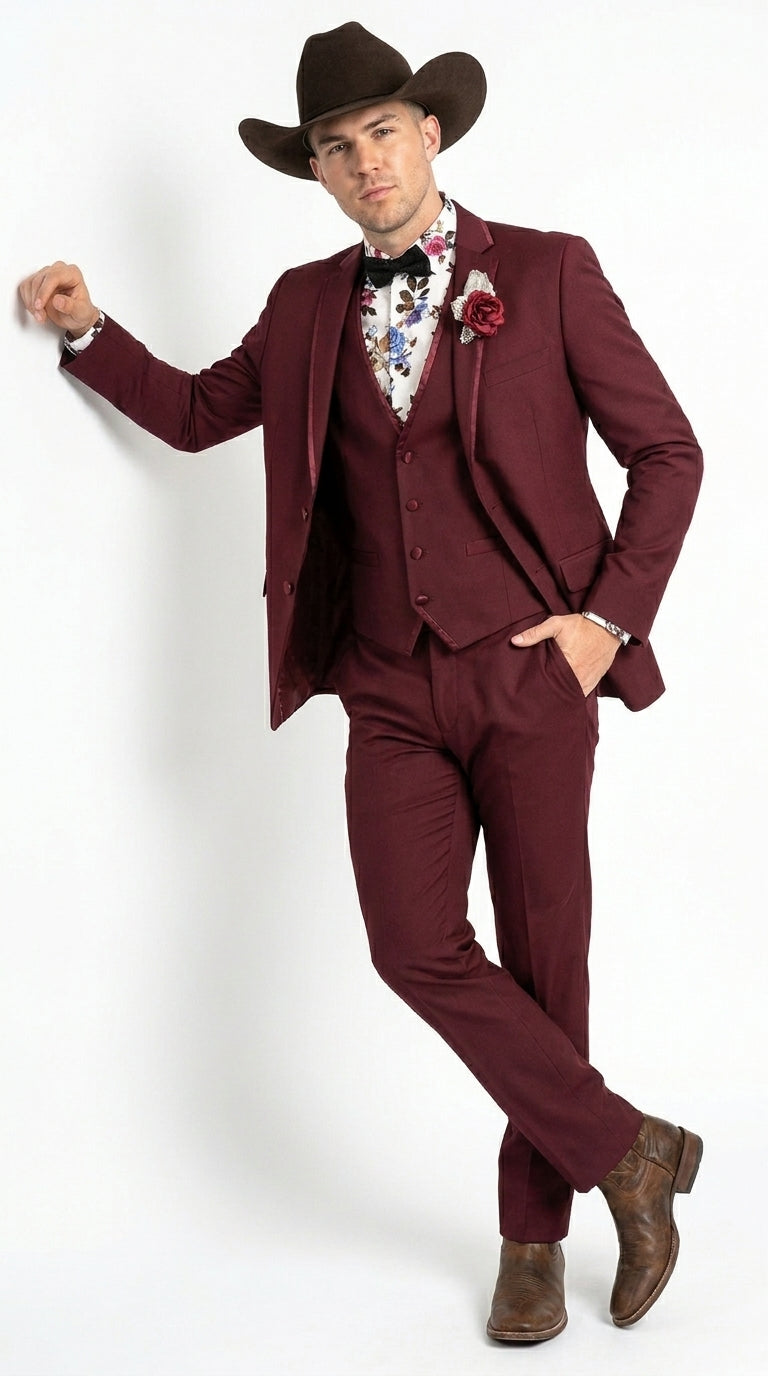Men’s Burgundy Western Tuxedo Suit, 3 Piece Cowboy Formal Wedding Prom Suit with Satin Trim - 34 Short or Extra Small