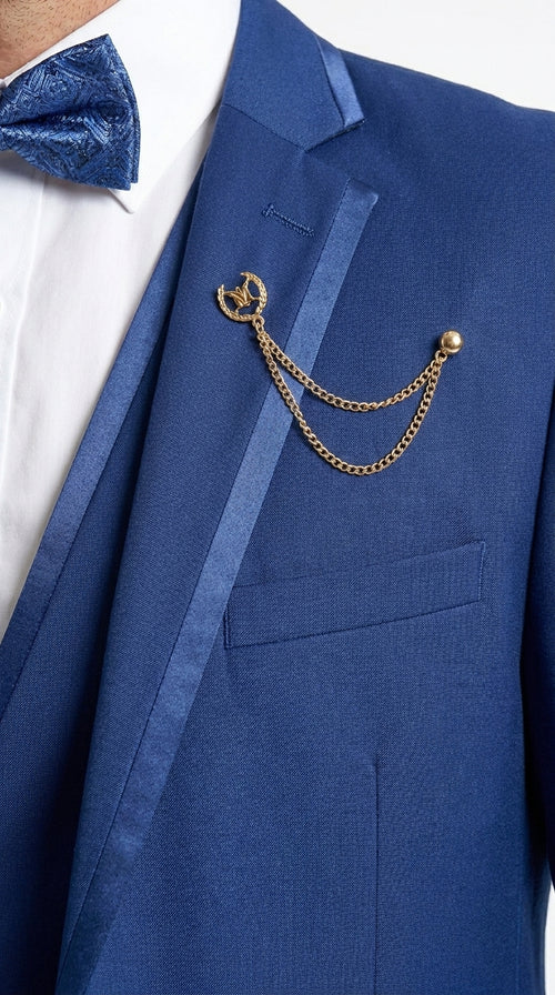 Men’s Blue Western Tuxedo Suit, 3 Piece Cowboy Formal Wedding Prom Suit with Satin Trim