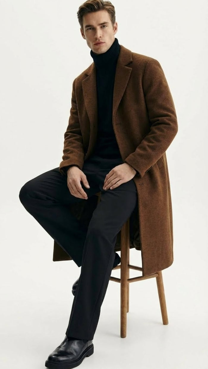 Mens Brown Long Wool Overcoat Topcoat Wool Carcoat Three Quarter
