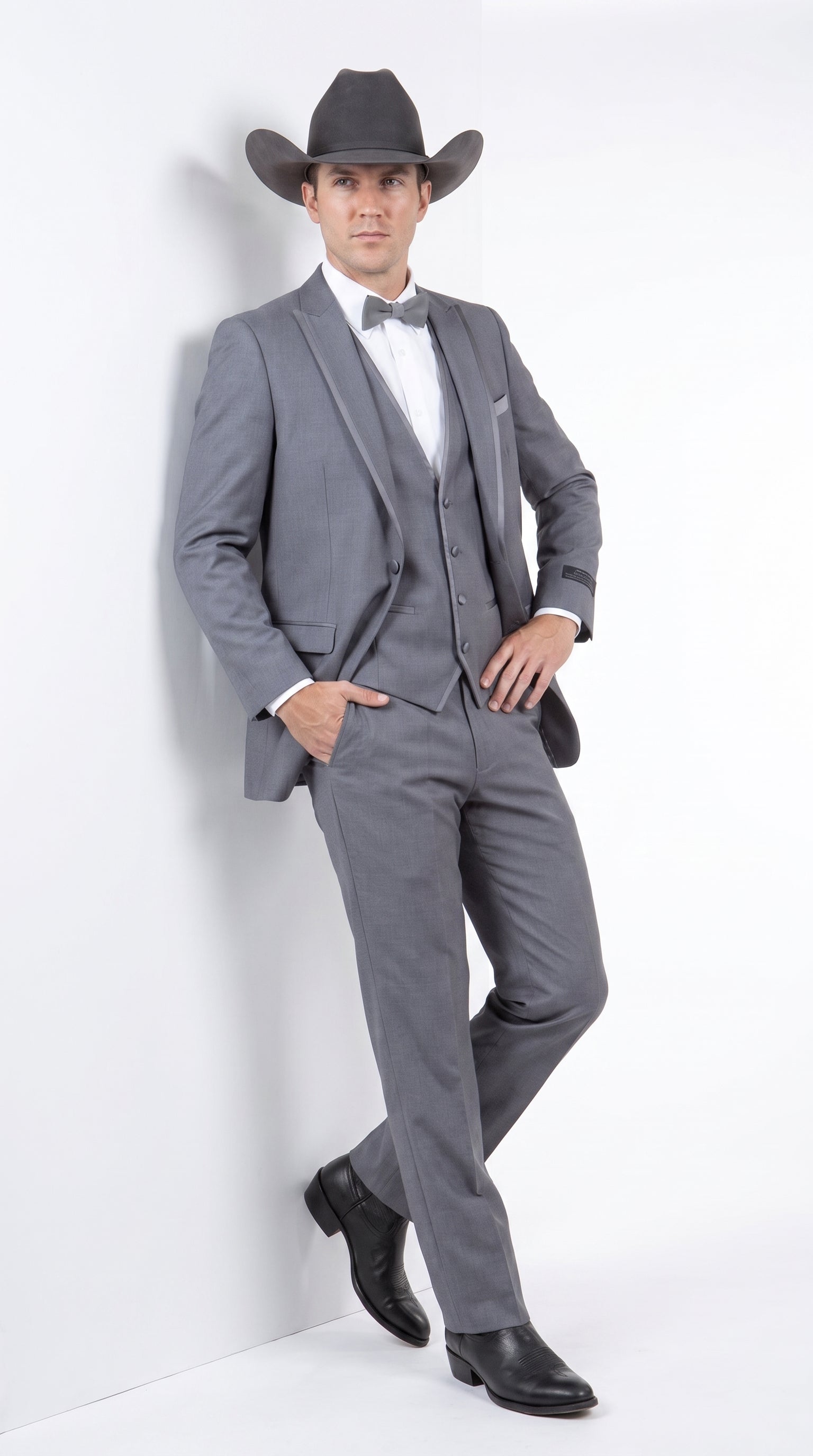 Men's Medium Grey Western 3-Piece Tuxedo Suit with Vest – Cowboy Style Formal Country Outfit - 34 Short or Extra Small