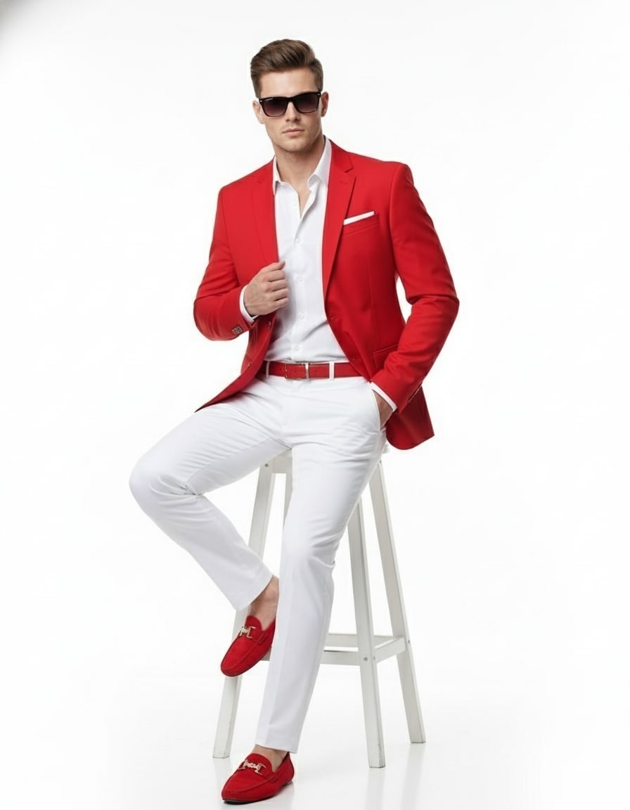Mens Red Blazer and White Pants Set â€“ Stylish Casual Dress Outfit For New Year Holiday and Christmas Suit - 36 Short