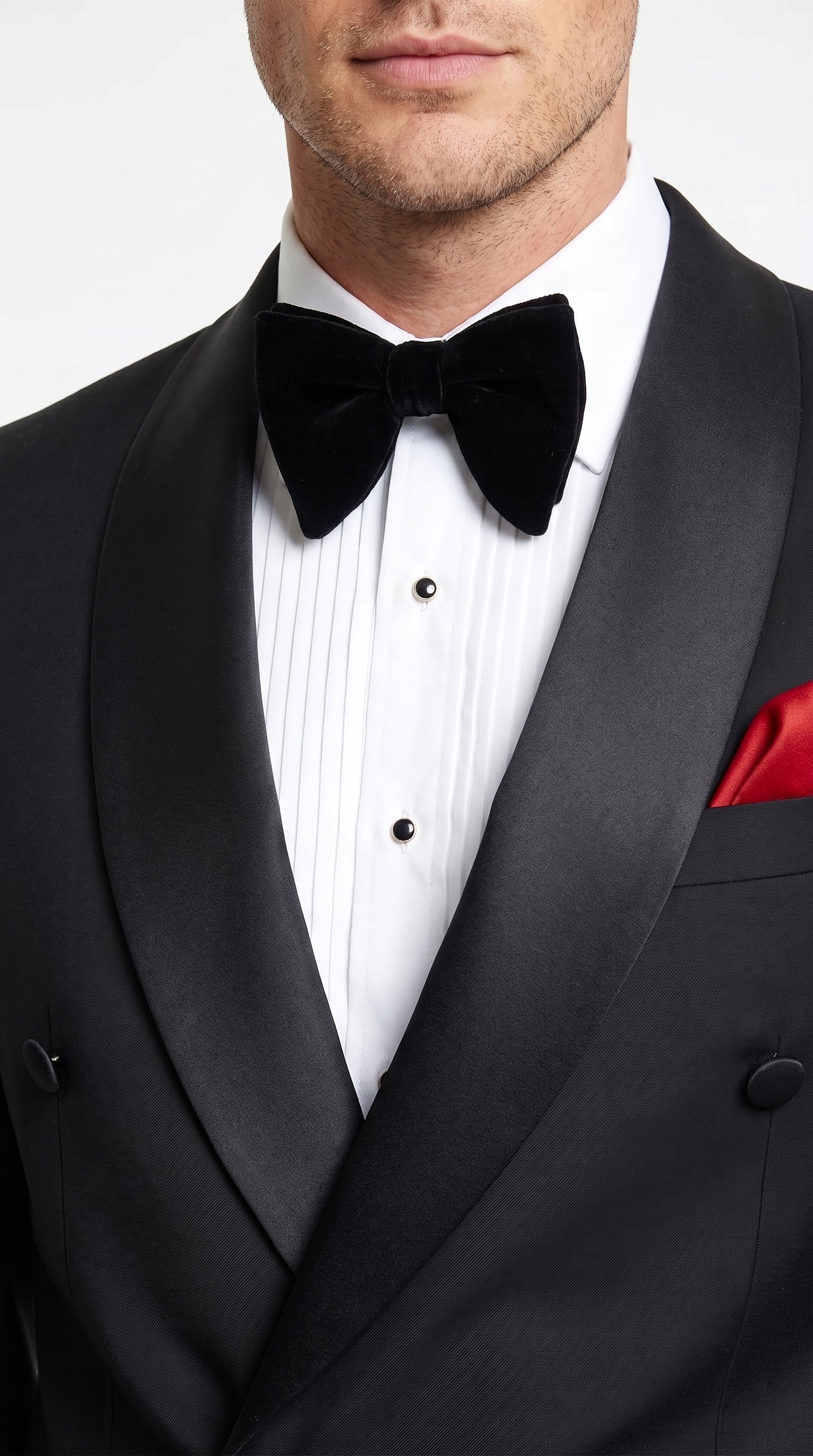 Men’s Black Double Breasted Evening Wear Suit with Satin Shawl Lapel and Red Pocket Square - 34 Short or Extra Small