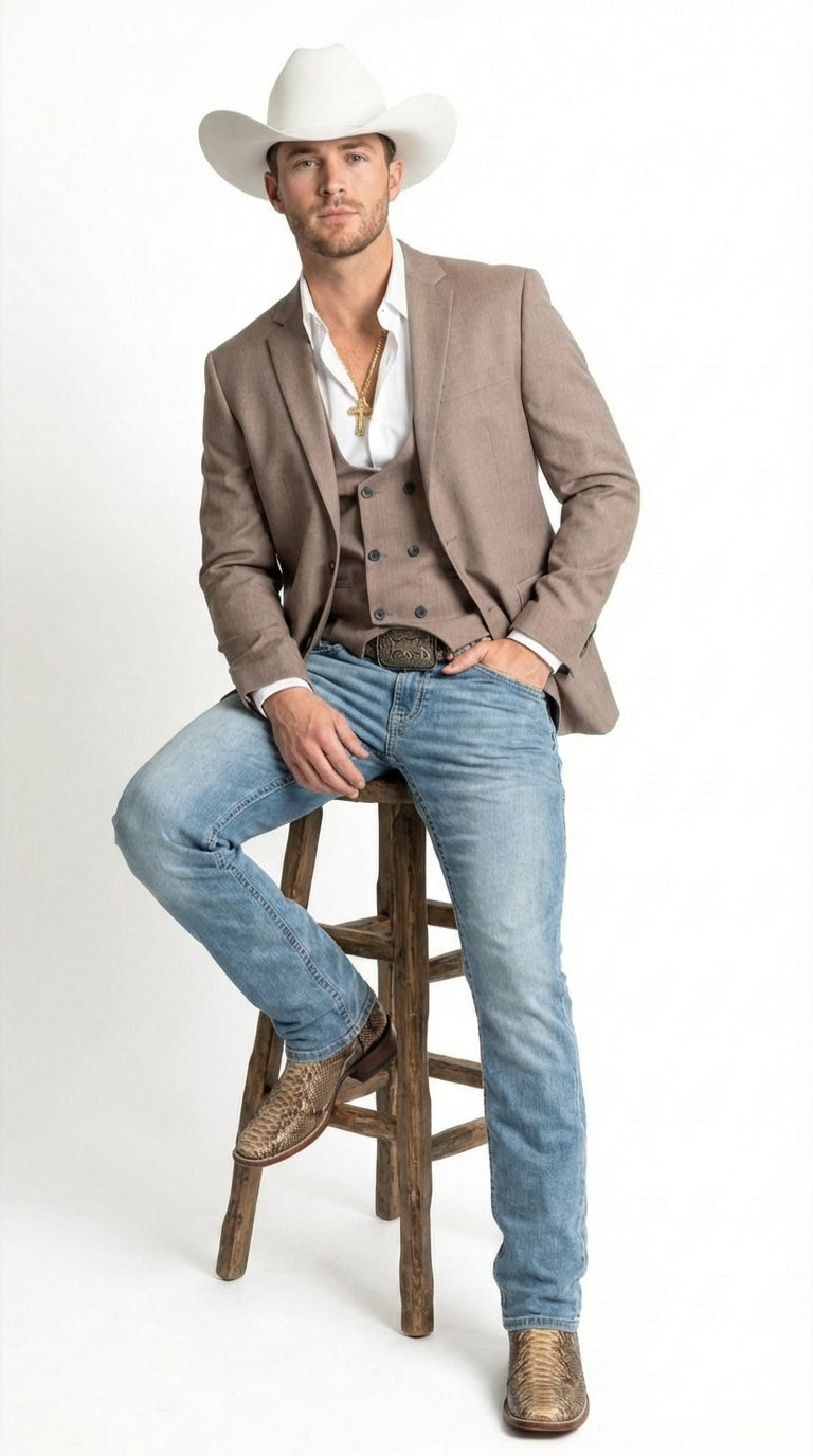 Mens Beige Cowboy Blazer with Double breasted Vest – Western Two Piece Suit Pants included