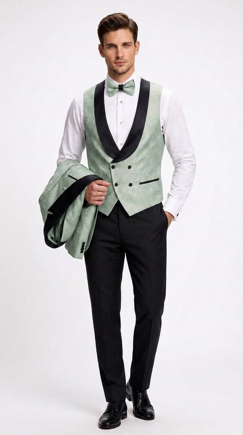 Men’s Sage Green Wedding Tuxedo with Black Shawl Lapel – 3 Piece Groom Prom Suit Mintish Color