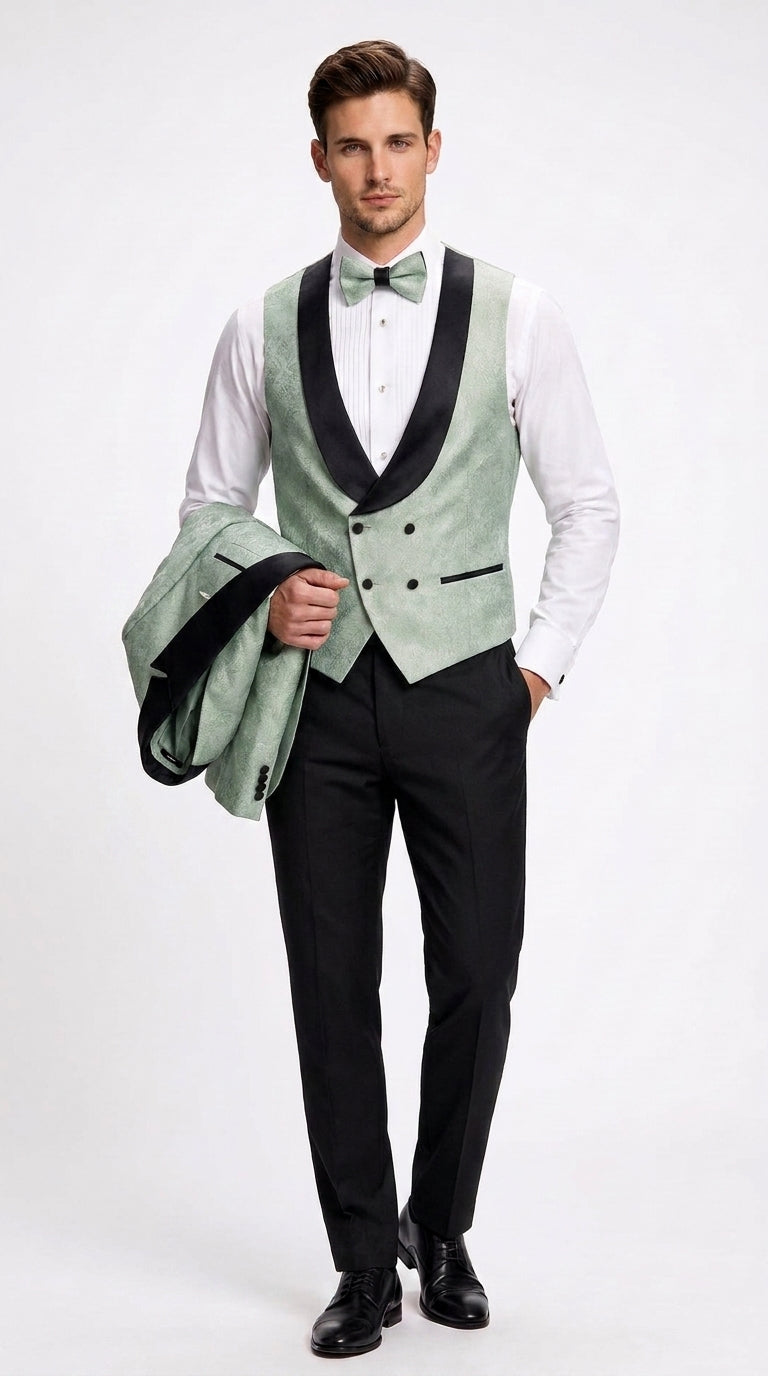 Men’s Sage Green Wedding Tuxedo with Black Shawl Lapel – 3 Piece Groom Prom Suit Mintish Color - 34 Short or Extra Small