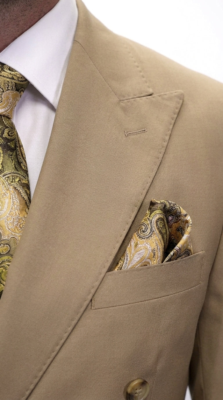 Men’s Statement Brand Caramel Khaki Double Breasted Wool Suit, Designer Formal Business Suit Set Wool Suit in Camel Color - 34 Short or Extra Small