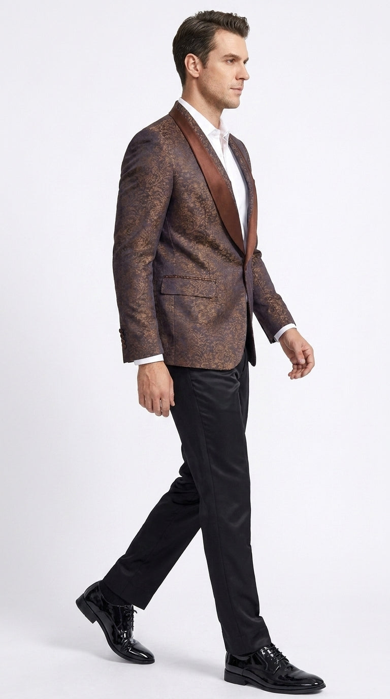 Men’s Light Brown Paisley Tuxedo Jacket, Wedding Prom Dinner Blazer with Satin Shawl Lapel - 36 Short
