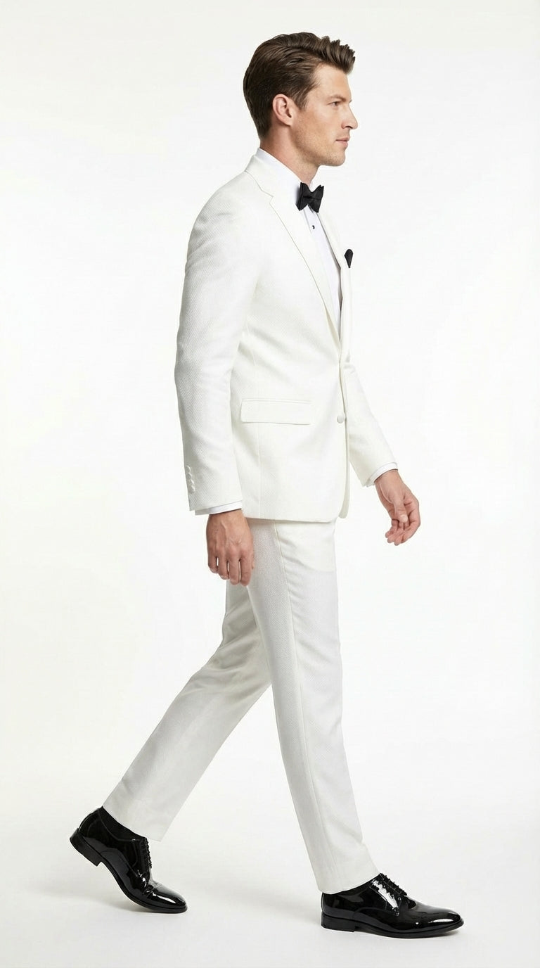Mens White Wedding Tuxedo Suit – Formal Groom Suit Set Classic Dinner Jacket + White Tuxedo Shirt + Black Bow Tie - 34 Short or Extra Small