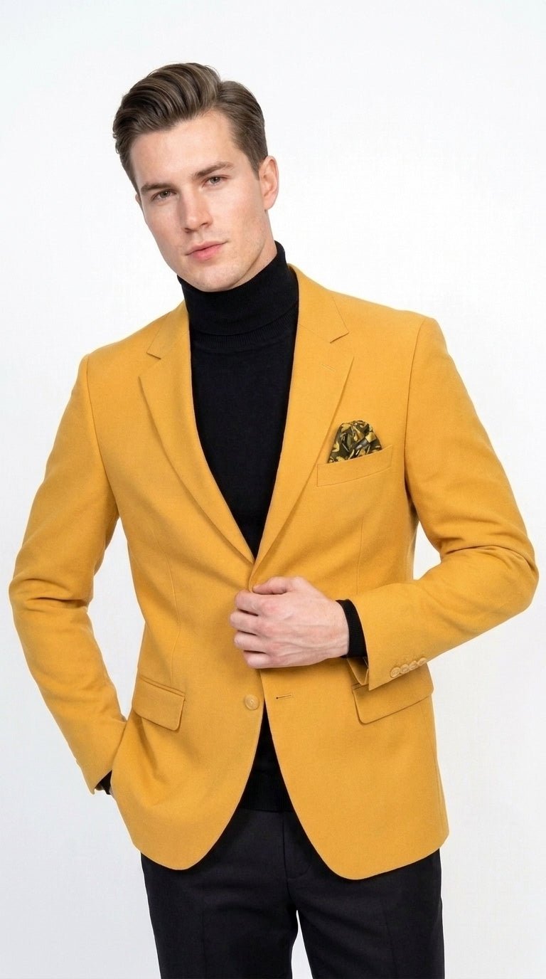 Men’s Mustard Gold Blazer, Fashion Sport Coat Wedding Party Church Dress Jacket - 36 Short