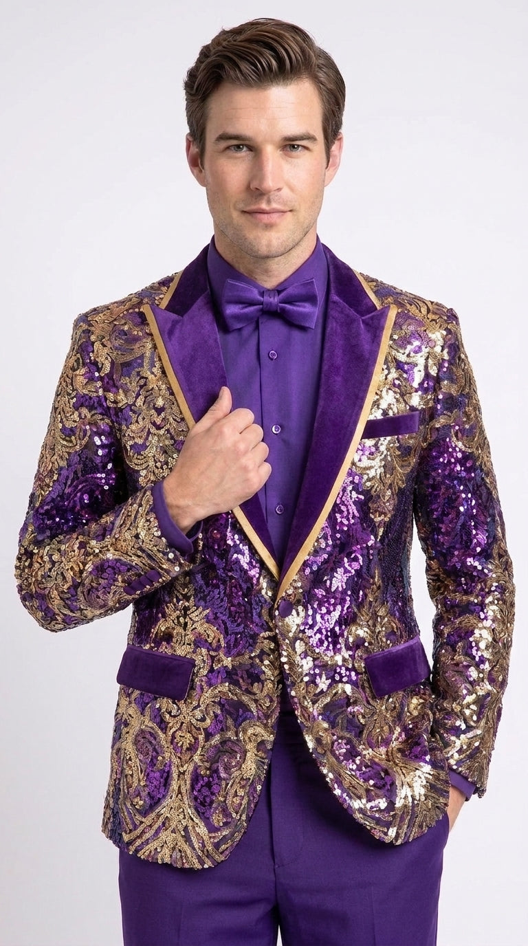 Men’s Purple and Gold Sequin Suit with Pants – Luxury Prom, Wedding and Party Blazer - 34 Short or Extra Small
