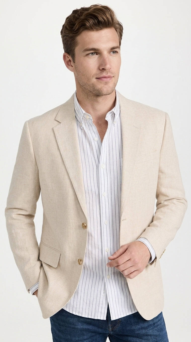Men’s Light Tan Sport Coat – Classic Two-Button Casual Blazer for Business, Weddings & Smart Casual Wear Modern Fit Linen Fabric - 36 Short