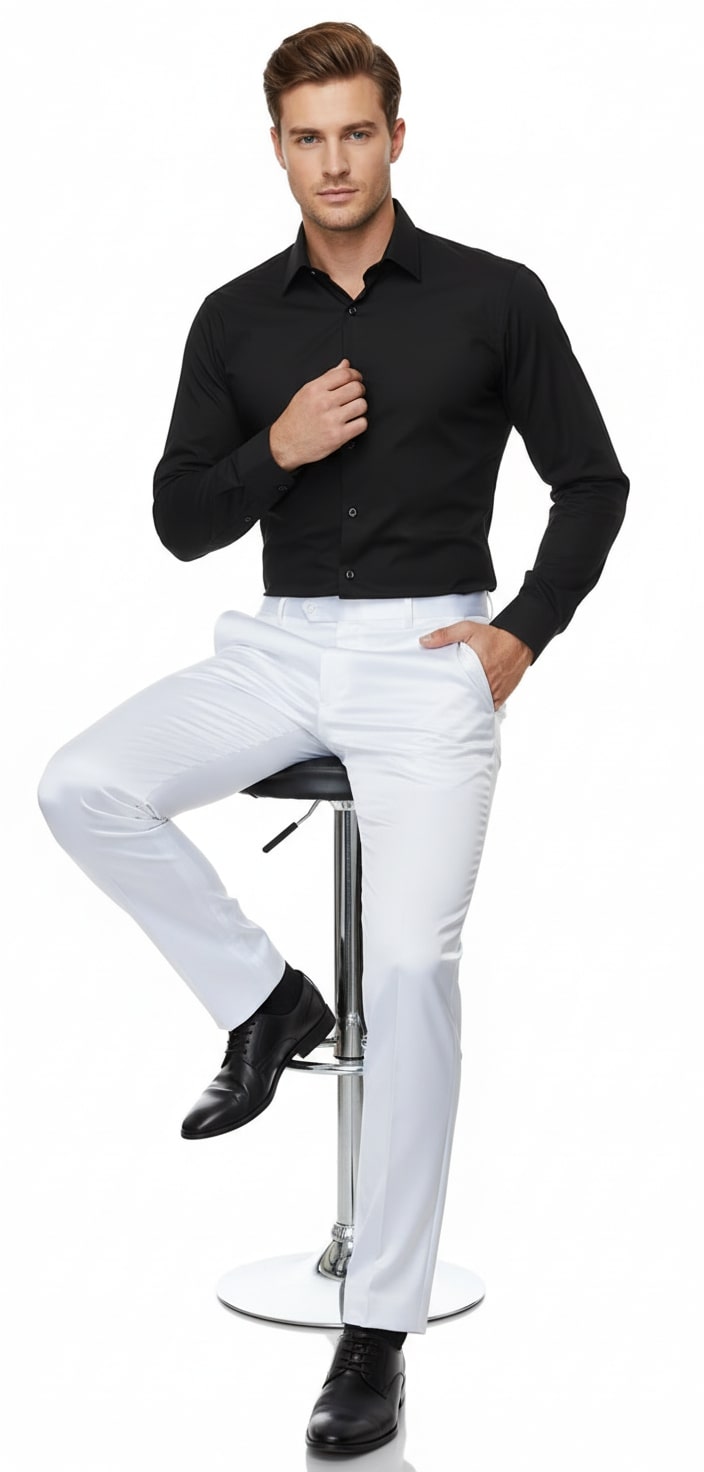 Mens White Satin Slim Fit Dress Pants â€“ Shiny Formal Party and Wedding Trousers - dress size pants : 28 Unfinished bottom