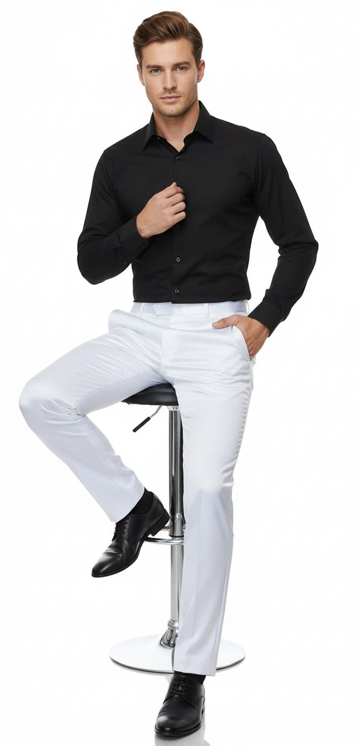 Mens White Satin Slim Fit Dress Pants Shiny Formal Party and Wedding Trousers