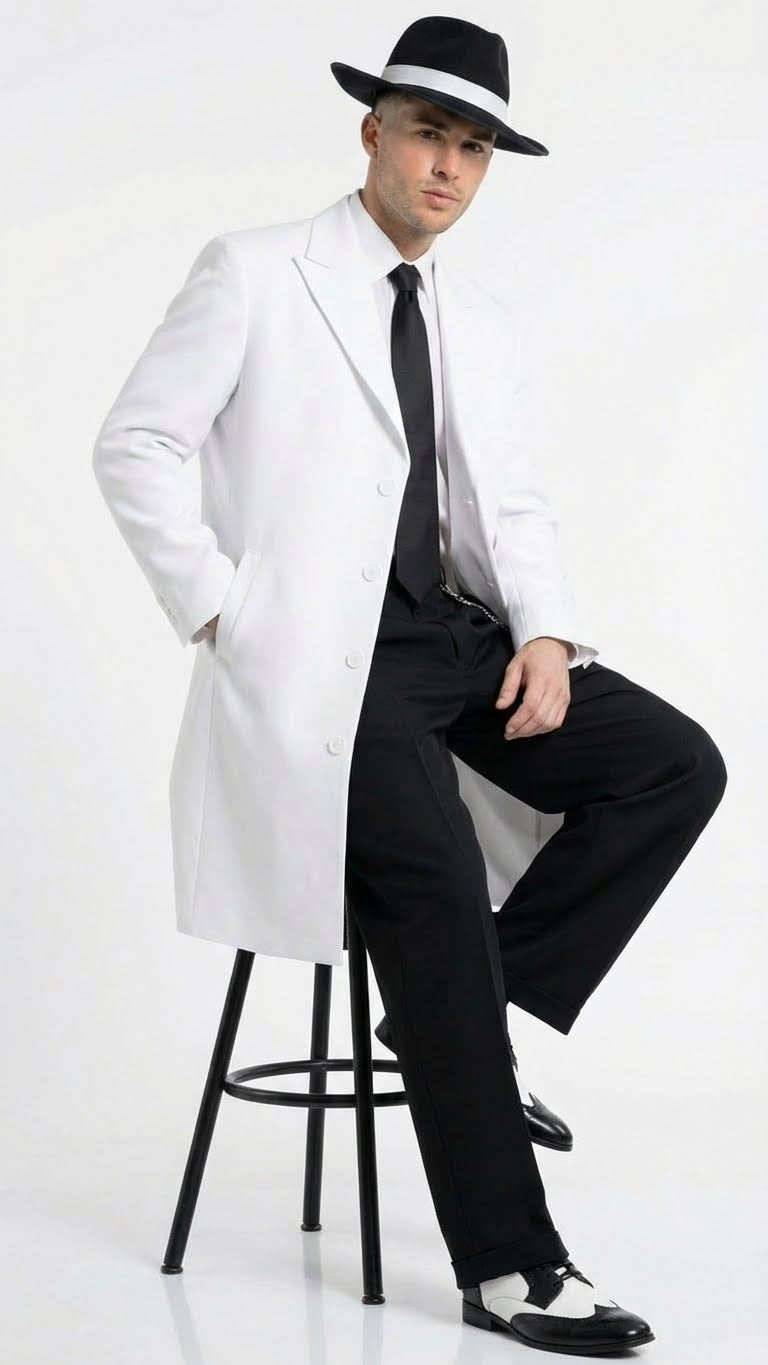 Men’s White Zoot Suit Gangster Style Outfit –  White Jacket + Vest + Pants + Shirt & Tie  Combo Package - 34 Short or Extra Small