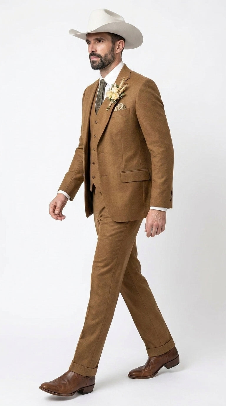 Men’s Tan Groom Outfit Country Wedding 3 Piece Suit Khaki Camel Color Modern Fit - 34 Short or Extra Small