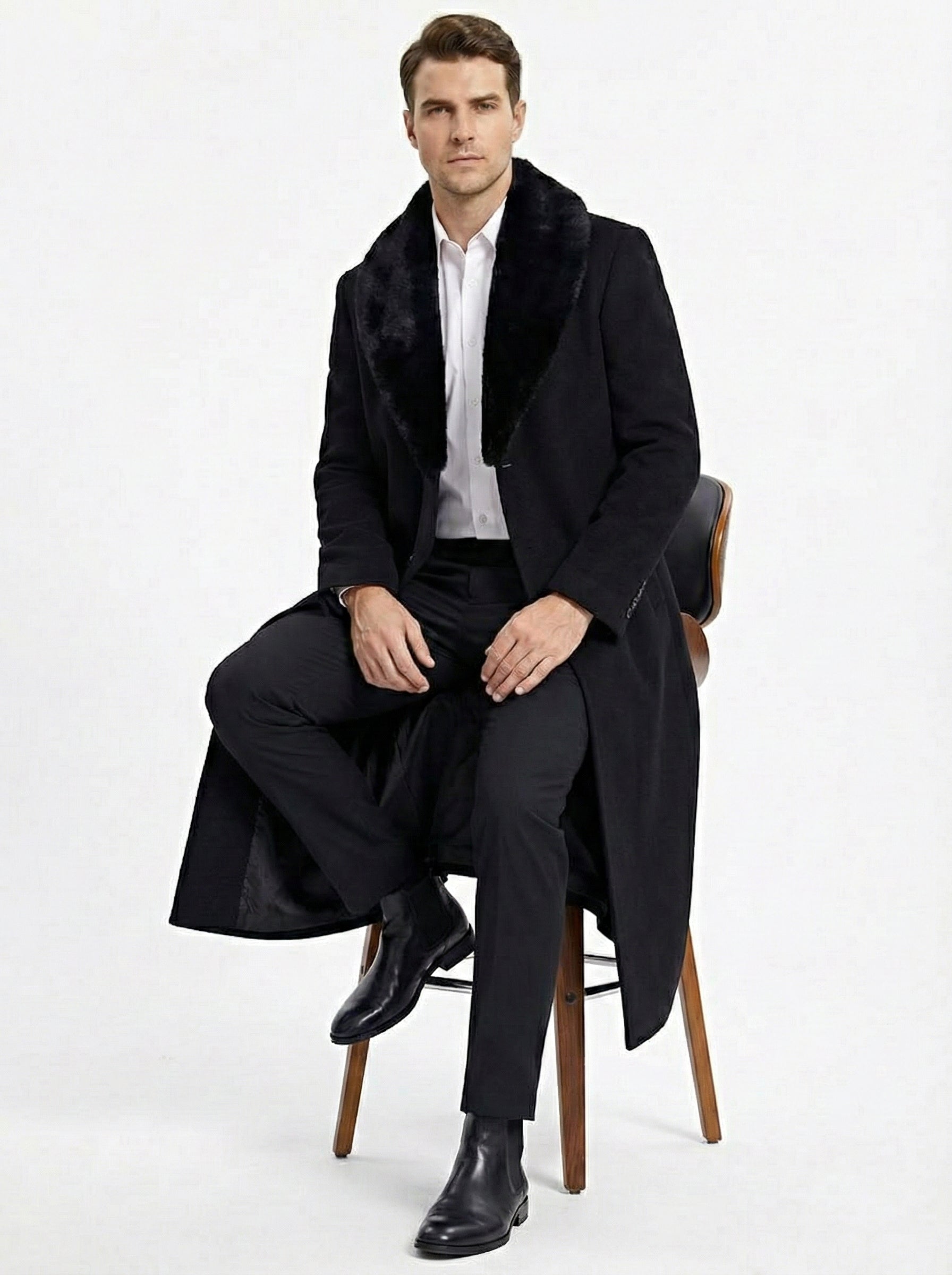 Mens Black Long Overcoat with Faux Fur Collar, Full Length Winter Topcoat for Formal and Business Wear