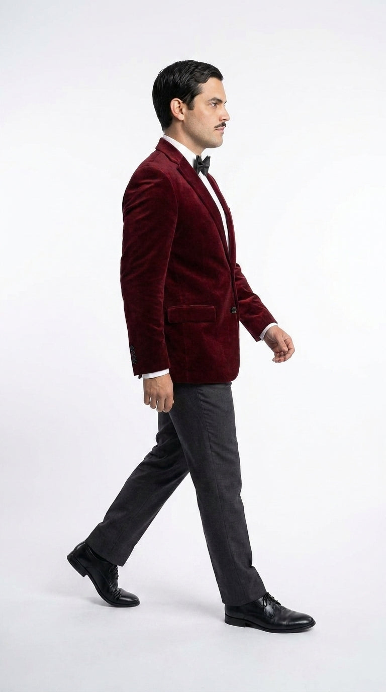 Men’s Gomez Addams Inspired Costume, Burgundy Velvet Blazer with Black Pants Formal Party Outfit Combo - 36 Short