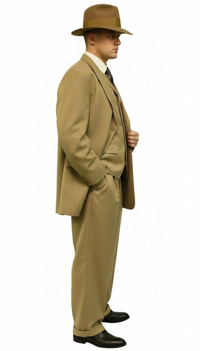 Mens Tan Pinstripe Zoot Suit – 1920s Gangster Vintage 3-Piece Suit with Wide-Leg Pants - 34 Short or Extra Small