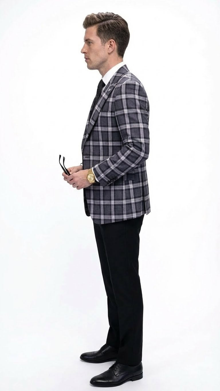 Men’s Big and Tall Charcoal Gray and Black Plaid Blazer – Grey Checker Windowpane Sport Coat - 36 Short