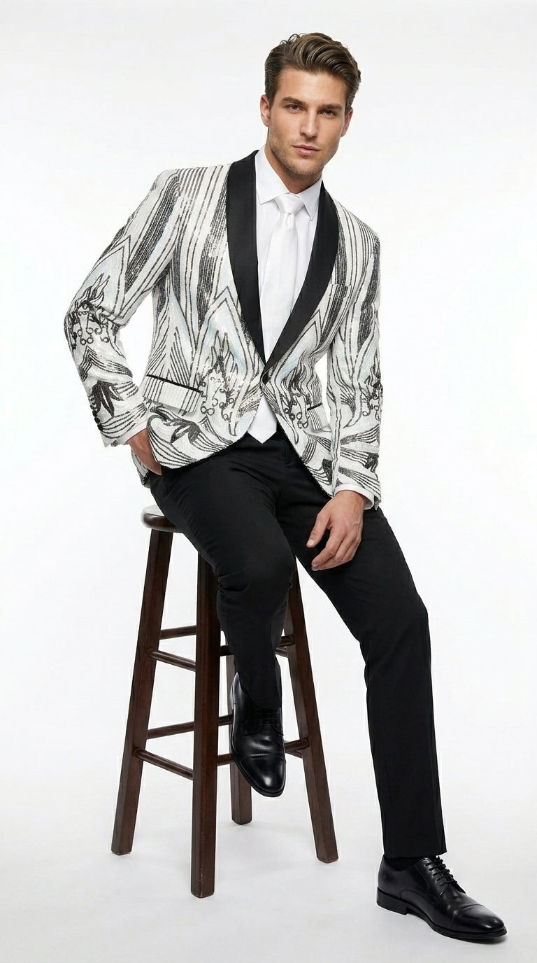 Men’s White and Black Patterned Tuxedo Blazer – Luxury Designer Dinner Jacket for Wedding, Prom and Formal Events New Year Christmas Holiday - 36 Short
