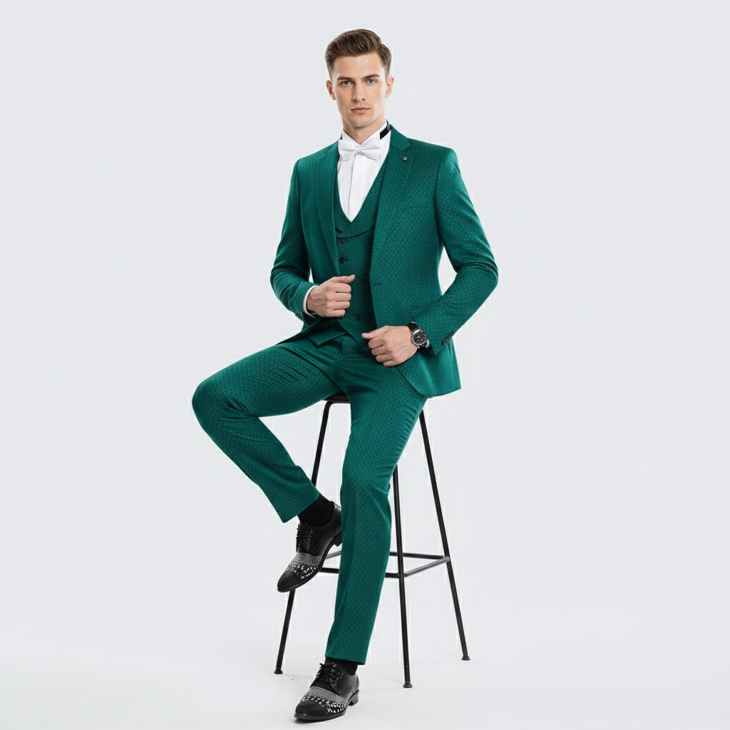 Menâ€™s Emerald Green Textured 3-Piece Suit â€“ Polk Dot Pattern Formal Wedding, Prom, and Evening Wear Outfit - 34 Short or Extra Small