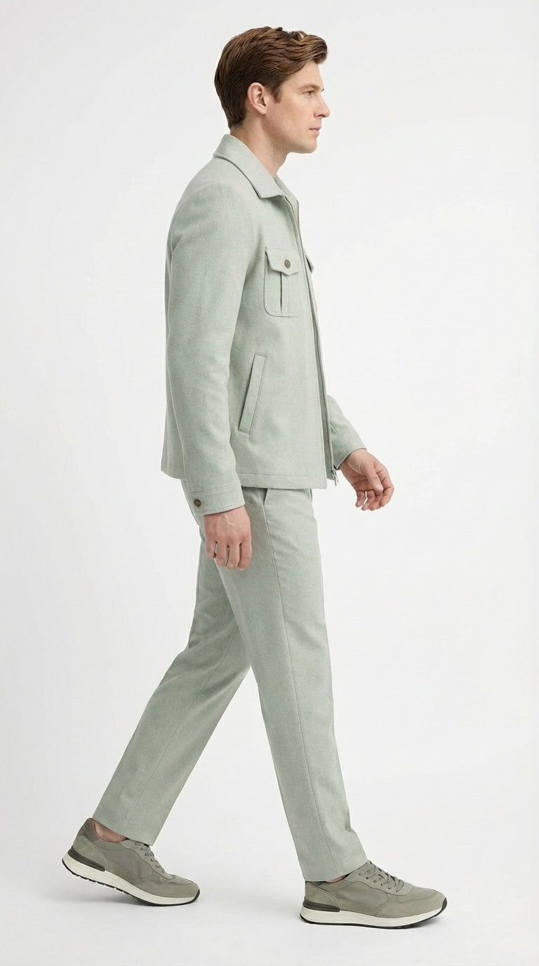 Mens Sage Green Walking Suit Set – Casual Safari Military Jacket and Pants Outfit for Travel - 34 Short or Extra Small