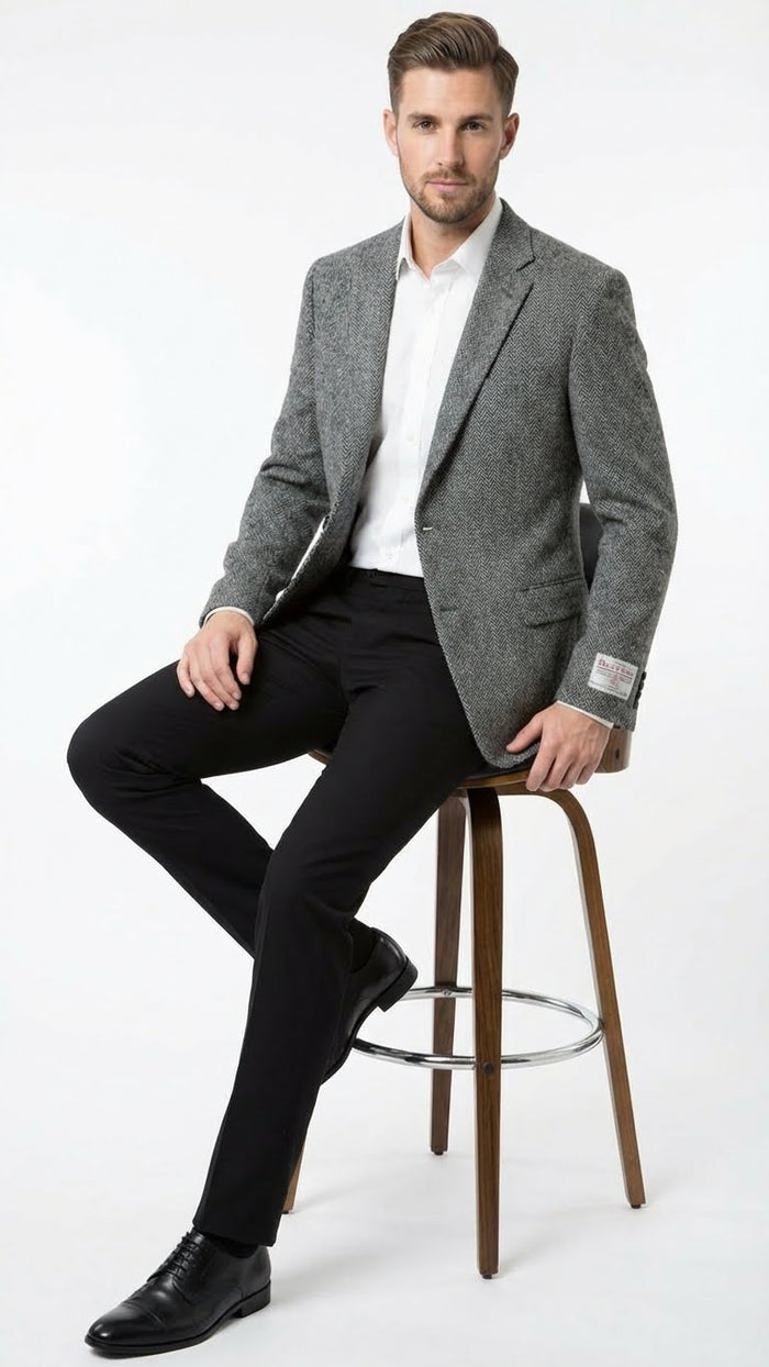 Mens Grey Harris Tweed Blazer Jacket, Classic Herringbone Wool Sport Coat for Business Casual