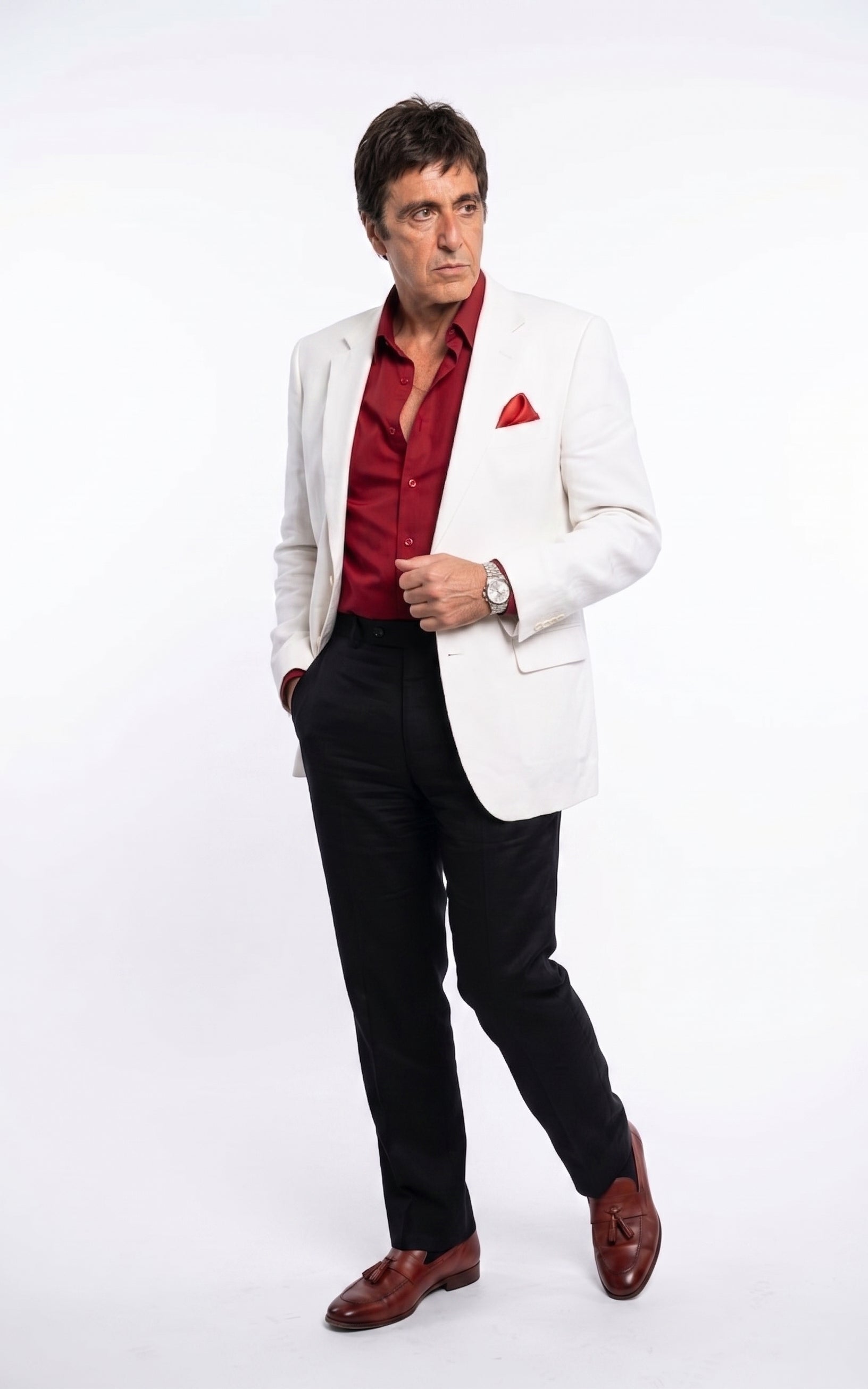 Tony Montana’s White Blazer Red Shirt Black Pants – Men’s White Blazer Outfit with Red Shirt and Black Trousers for Party, Wedding and Vintage Style Wear - 36 Short