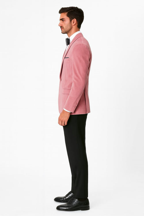 Mens Pink Velvet Tuxedo Dinner Jacket with Shawl Lapel Slim Fit Blazer for Weddings, Prom in Rose Gold Color
