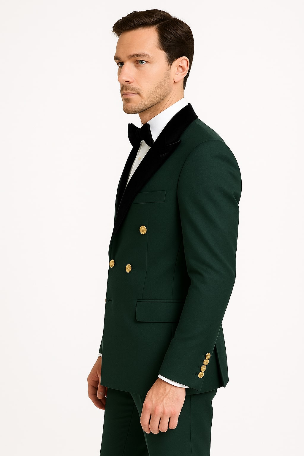 Men's Green Double-Breasted Wedding Tuxedo with Black Velvet Lapel and Gold Buttons - 34 Short or Extra Small