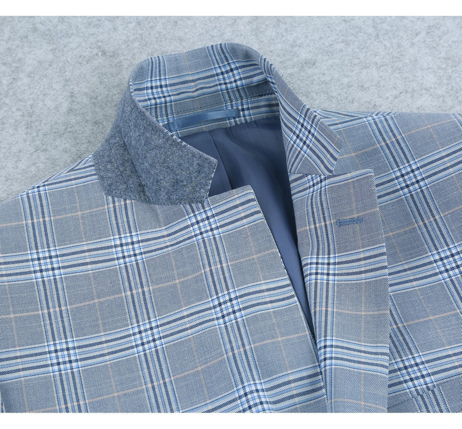 "Sky Blue Windowpane Plaid Men's Slim Fit Two-Button Suit"