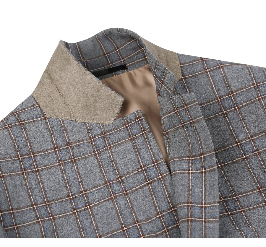 "Grey & Bronze Windowpane Plaid Slim Fit Two Button Men's Suit"