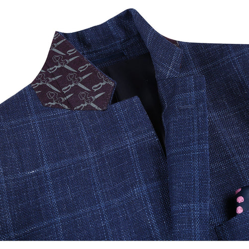 "Classic Fit Wool plaid  Blazers - Men's Two Button Navy Blue Windowpane Plaid Sport Coat"