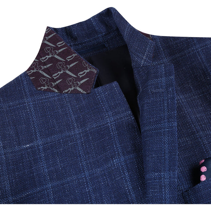 "Classic Fit Wool plaid  Blazers - Men's Two Button Navy Blue Windowpane Plaid Sport Coat"